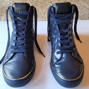 Guess Men's Melo Sneakers Navy Leather High Top Lace Up Quilted Size 8.5 …